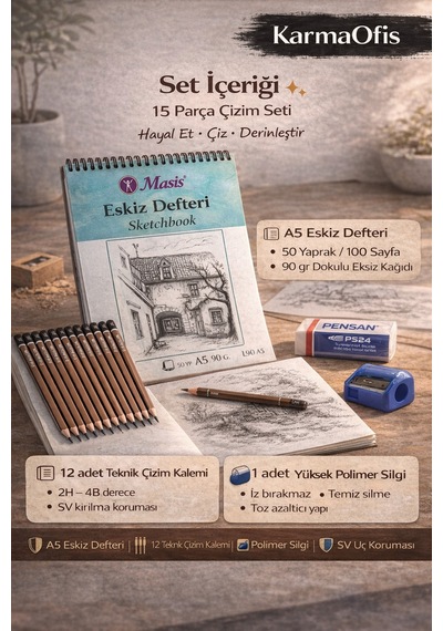 15 Parça Teknik Çizim Seti A5 90gr Eskiz Defteri + 12 Çizim Kalemi + Silgi + Kalemtıraş