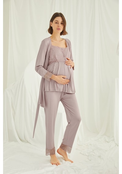 Lohusa Sepeti Lohusasepeti Sabahlıklı Dantelli Omuz Lohusa Pijama Takımı Vizon - 18441 001