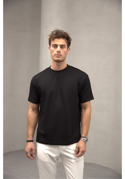 Bürke Siyah Renk Standart Kalıp Basic Bisiklet Yaka T-shirt