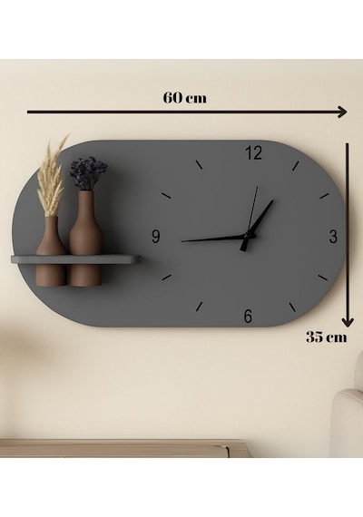 Modern Tasarım Raflı Nera Duvar Saati 60x35 Gri