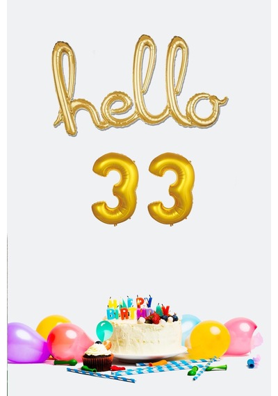 33 Yaş Doğum Günü Balonları - Hello 33 El Yazısı Gold Renk Folyo Balon Altın