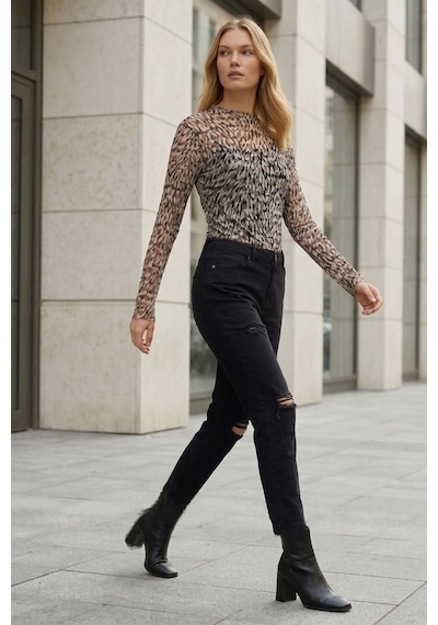 Kadın Leopar Desenli Transparan Bluz Tül Uzun Kollu Slim Fit Body Bluz