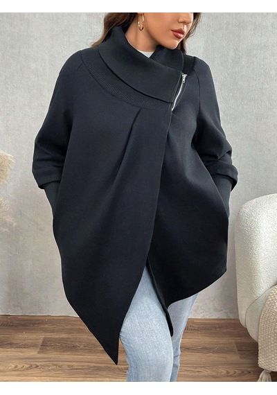 Siyah Kadın Asimetrik Kesim 3 İplik Şardonlu Sweat Ceket Fermuarlı Yaka, Cepli, Oversize Siyah