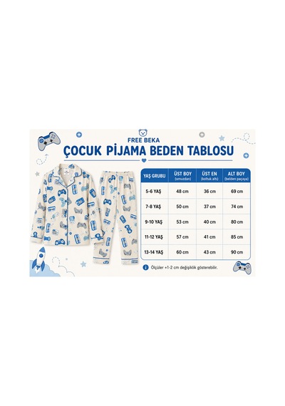 Free Beka Erkek Çocuk Önden Düğmeli Konsol Desenli Uzun Kollu Pijama Takımı Ve Göz Bandı Krem