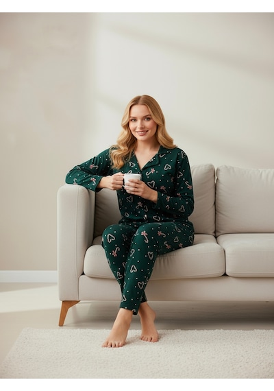 Süet Gömlek Pijama Takımı 7003 Yılbaşı Temalı Yeşil