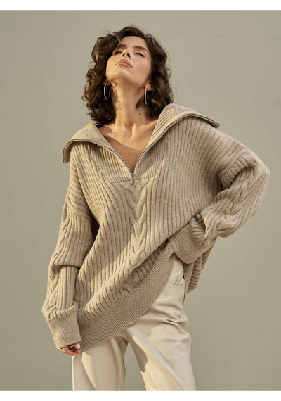 Mai Collection Mai Studios Co. Rika Vizon Saç Örgü Fermuarlı Triko Kazak Vizon