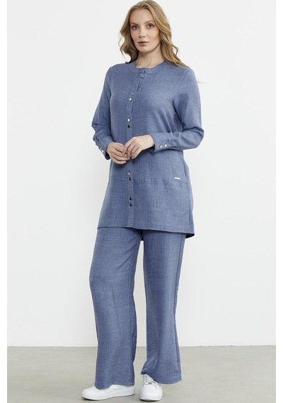 Sementa Keten Görünümlü Gömlek Pantolon Takım - Indigo Indigo