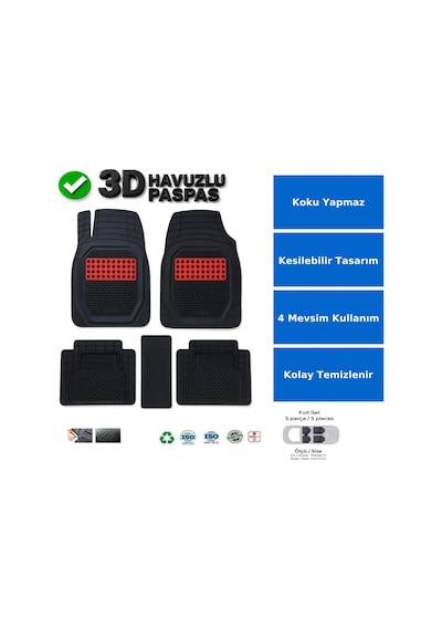 Renault Kango Combi 1998 Uyumlu 3 Cm Havuzlu 5 Parça Set 3d Paspas Takımı Siyah - Kırmızı