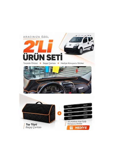 E-biz Peugeot Bipper 2007-2020 Uyumlu Torpido Örtüsü + Tay Tüyü Çanta - Siyah-kahverengi - Pe020