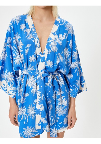 Koton Oversize Kimono Viskon Çiçekli Kuşaklı Mavi Desenli 4sak50028ew Mavi Desenli