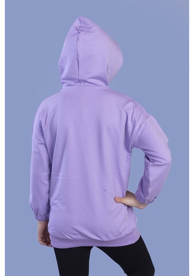 Toontoy Kız Çocuk Kedi Desenli Taş İşlemeli Kanguru Cepli Sweatshirt Lila