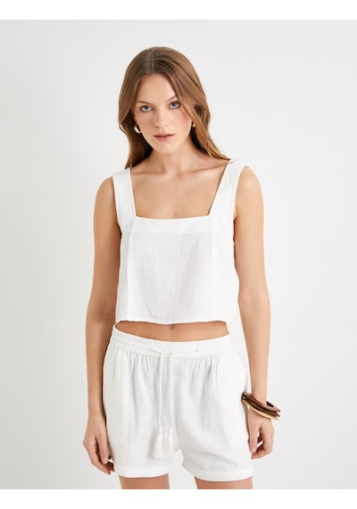 Koton Crop Atlet Kare Yaka Kalın Askılı Pamuklu Beyaz 4sak30021pw Beyaz