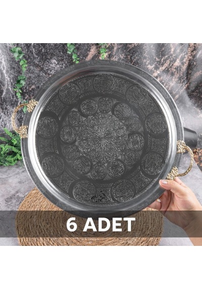 430 Kalite Krom Çelik Kulplu 6 Adet Tepsi 35 Cm Fırına Uygun, Osmanlı Motifli, Kebap & Restoran Sunum Tepsisi Gri