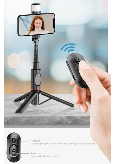 Torima Q12s Siyah Uzaktan Kumandalı Kablosuz Led Işıklı Selfie Çubuğu Tripod