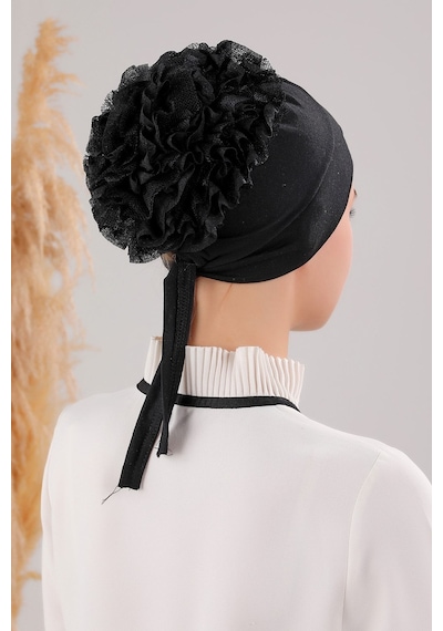 Melodi Scarf Tesettür Fırfırlı Çapraz Bone Siyah Siyah