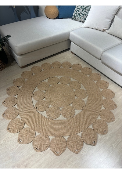 Mavaux Nüans Jüt Hasırlı El Örgüsü Kilim Halı Hasır Yuvarlak Bej