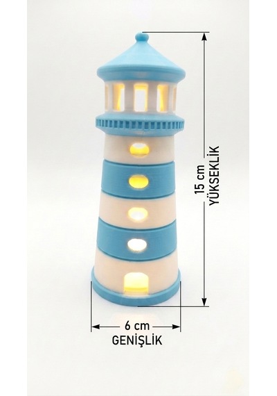 Dekoratif Tasarım Deniz Feneri Tealight - Açık Mavi - Beyaz Çok Renkli