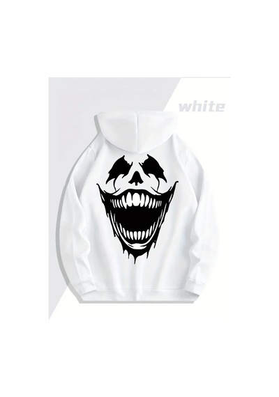 Nevermind Sevgili Kombini Oversize Hoodie Korku Gülüşü Baskılı 3 İplik Un Beyaz