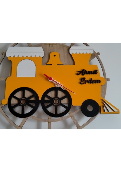 Tren Duvar Saati Kişiye Özel İsim Yazılı Turuncu