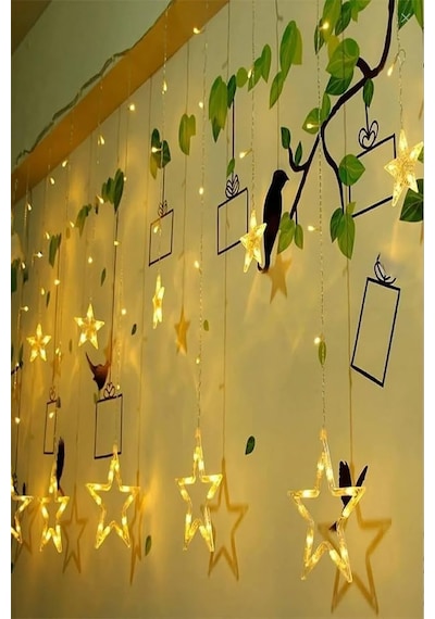 3 Metre Fişli 10'lu Yıldız Led Işık Zinciri Dekoratif Sıcak Işık Aydınlatma, Ev, Salon, Balkon, Perde Ve Parti Süslemeleri İçin Yılbaşı Ve Doğum Günü Dekor Işığı