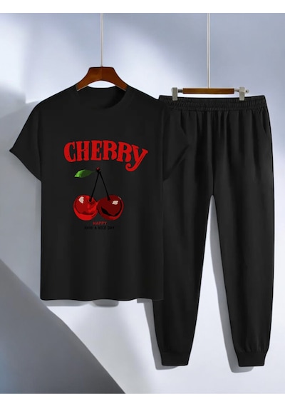 Uyguntarz Unisex Happy Cherry Tasarım Basklı Tshirt Eşofman Takımı Siyah