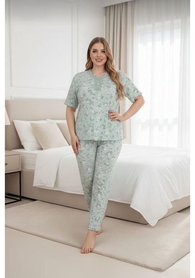 Eyfuze Kadın Büyük Beden Desenli Yakası Düğmeli Kısa Kollu Bambu Pijama Takımı Açık Yeşil Eyfuze Kadın Büyük Beden Desenli Yakası Düğmeli Kısa Kollu Bambu Pijama Takımı Açık Yeşil
