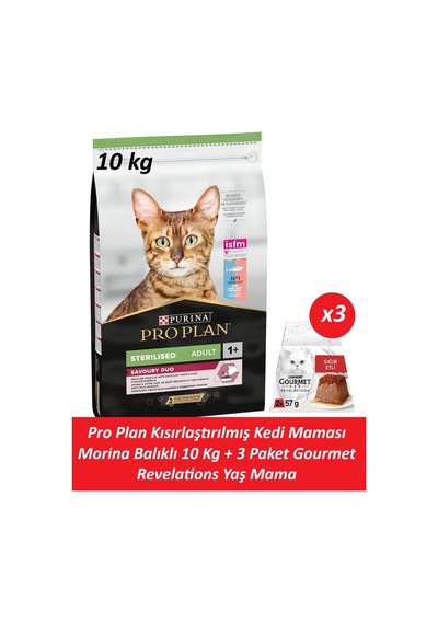Pro Plan Kısırlaştırılmış Kedi Maması Morina Balıklı 10 Kg + 3 Adet Gourmet Sığır Etli Yaş Mama
