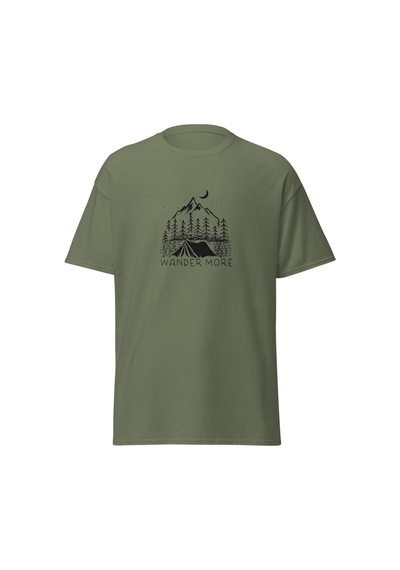 Wildstyle Wander More Gezgin Dağ Kamp Çadır Doğa Baskılı Unisex Pamuklu Tişört Haki