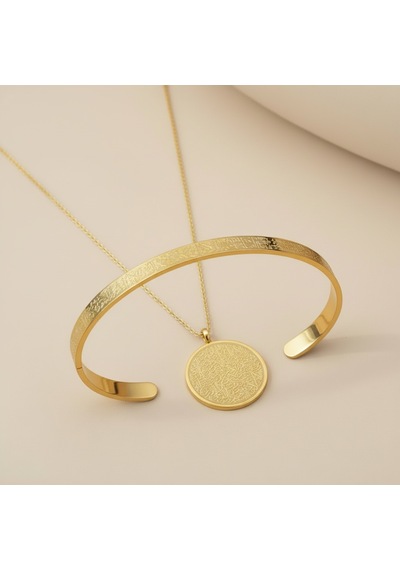 Hat Sanatı Ayetel Kürsi Kolye Ve Ayetel Kürsi Bileklik Seti Gold Çelik Altın