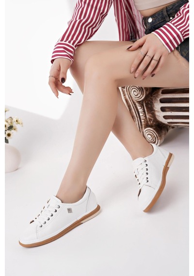 Nesilshoes Modessa 160 Beyaz Bağcıklı Hakiki Soft Deri Kadın Ayakkabı