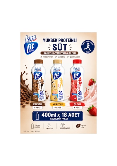 Fit Laktozsuz Yüksek Proteinli Süt Çilek Kahve Vanilya 400 Ml X18 Adet