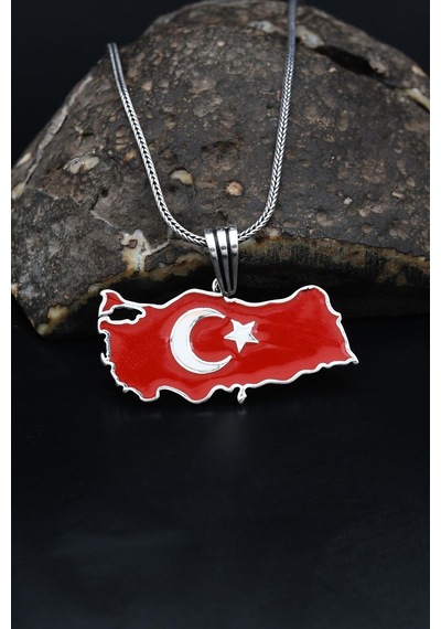 Türk Bayrağı Ay Yıldızlı Mineli 925 Ayar Gümüş Kolye Zincir 901119