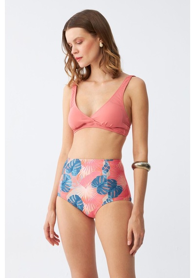 Akbeniz Kadın Somon Pedli Üst Ve Tropik Desenli Yüksek Bel Bikini Takımı