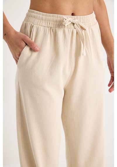 Kadın Beli Lastikli Paça Detaylı Palazzo Kalıp Pamuk Gabardin Yazlık Pantolon 60283323 - Bej