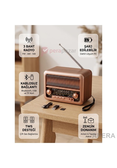 Nns Ns-3315bt Şarjlı Nostaljik Radyo Bluetooth Tws Usb Micro Kart Destekli Dekoratif Müzik Çalar 14cm Boyunda Açık Kahve