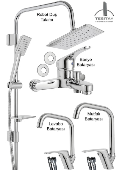 66231 Lavabo Banyo Mutfak Bataryası Ve Robot Duş Takımı Köşe Borulu Siyah Krom Beyaz Krom