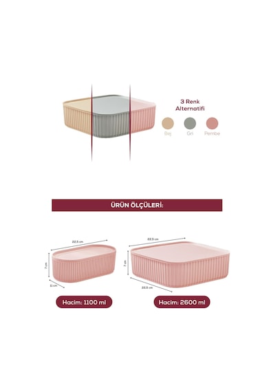 Vienev 3'lü Elastik Bantlı İstiflenebilir Pratik Saklama Kabı Seti 2x 1100 Ml 1x 2600 Ml Pembe