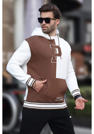 Madmext Ekru Renk Bloklu Kapüşonlu Baskılı Erkek Sweatshirt 7078 Ekru