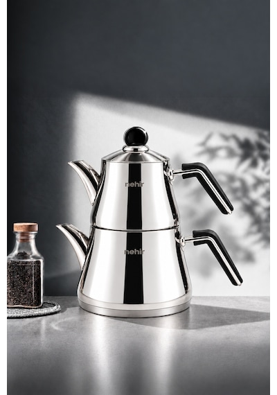 Luna Sade Maxi Büyük Boy Çelik Kapaklı Paslanmaz Çelik 1.10-2.25 Litre Çaydanlık Takımı Gri