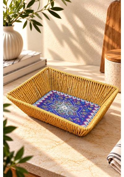 Rattan Plastik Çini Desen Ekmeklik Sepet Düzenleyici Organizer 25 12cm Sarı