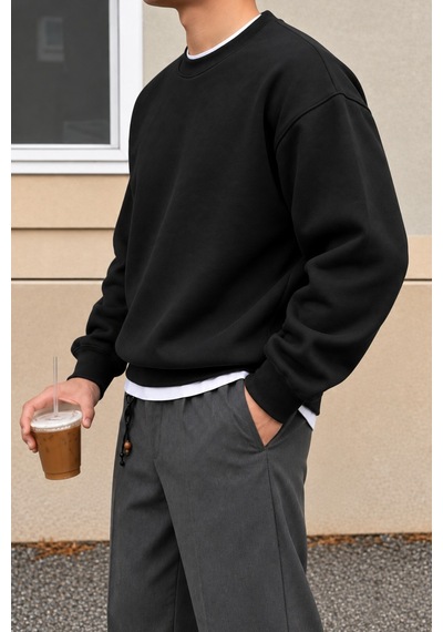 Cool Tarz Erkek 3 İplik Şardonlu Regular Fit Bisiklet Yaka Basic Sweatshirt Siyah Siyah