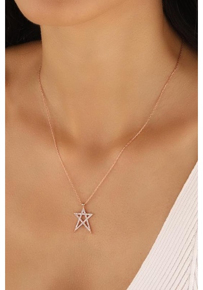 Yıldız Gümüş Kolye Beyaz Zirkon Taşlı Rose Gold