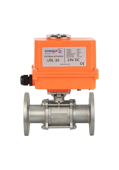 Unox Dn100-4" 24 V Dc Elektrikli Aktüatörlü Flanşlı Küresel Vana 3 Parçalı