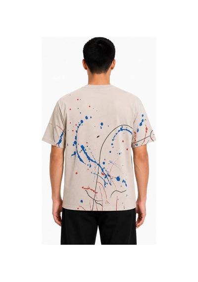 Erkek Baskılı Sıfır Yaka Regular Fit %100 Pamuk Unisex Tişört Açık Gri