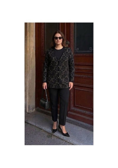 Onno Style Women Kalp Desenli Klasik Triko Düğmeli Ceket Siyah