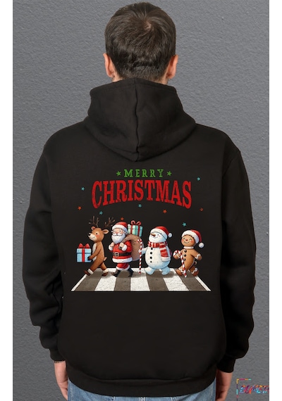 Bumeta Christmas Crossing Santa Geyik Ve Kardan Adam Baskılı Sweatshirt Unisex Kapüşonlu Hoodie Siyah