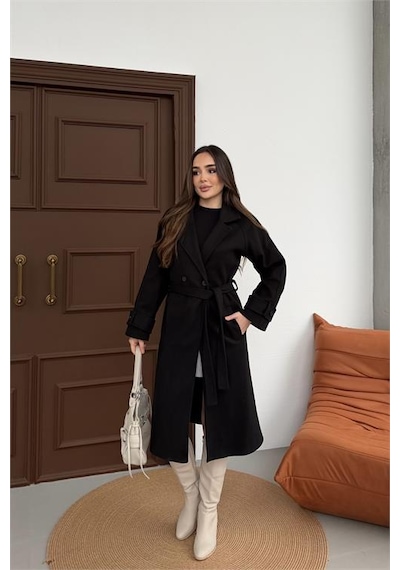 Neşeli Butik Kadın Siyah Kuşaklı Reglan Kol Düğmeli Premium Kaşe Kaban Nbkbn01 Siyah