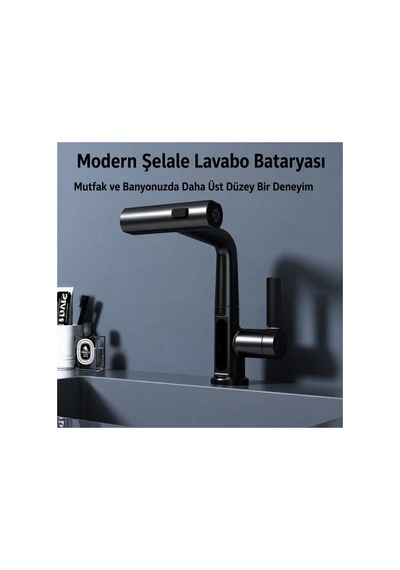 3 Modlu Led Sıcaklık Göstergeli Çekilebilir Şelale Musluk 360 Döner Mutfak Banyo Lavabo Bataryası Gri