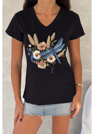 Femelle Kadın Siyah V Yaka Yusufçuk Desenli Pul Payet Boncuk İşlemeli %100 Pamuk T-shirt