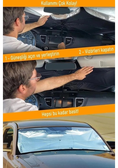 Oto Araba Güneşlik Şemsiye Tip Ön Cam Güneş Önleyici Katlanabilir. Tüm Araçlara Uygun